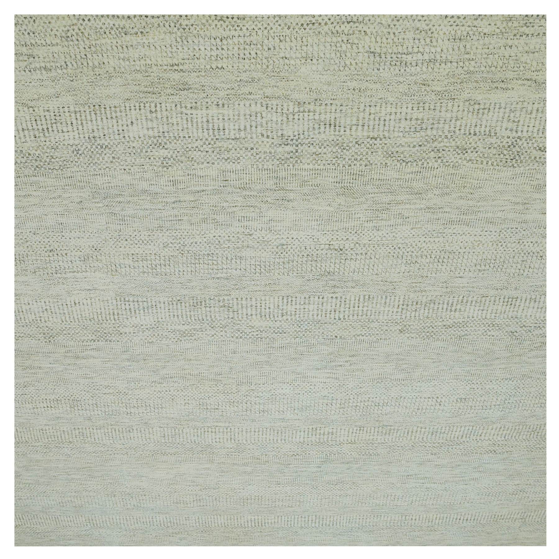 14'x14' Eggnog White, Borderless Modern Grass Design, Hand Knotted Organic Sustainable Textile, Pure Wool, Tone on Tone, Square Oriental Rug 